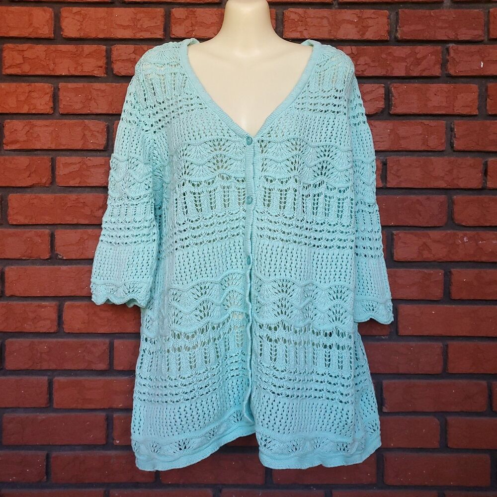 Pointelle Crochet Cardigan Sweater Sz M 3/4 Sleeve Aqua Blue Sea Green Cottage